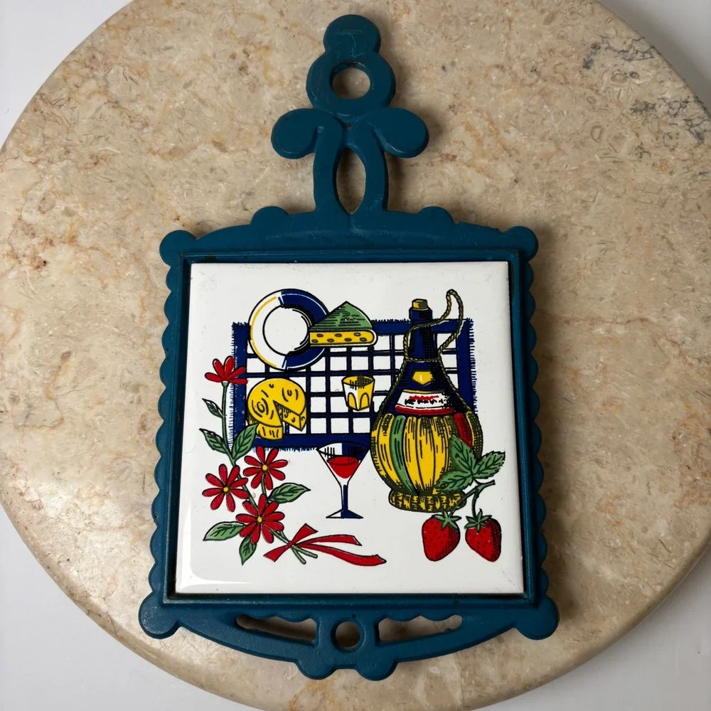 Vintage Italian Style Trivet Hot Pad‎ Cast Iron Teal Ceramic Tile